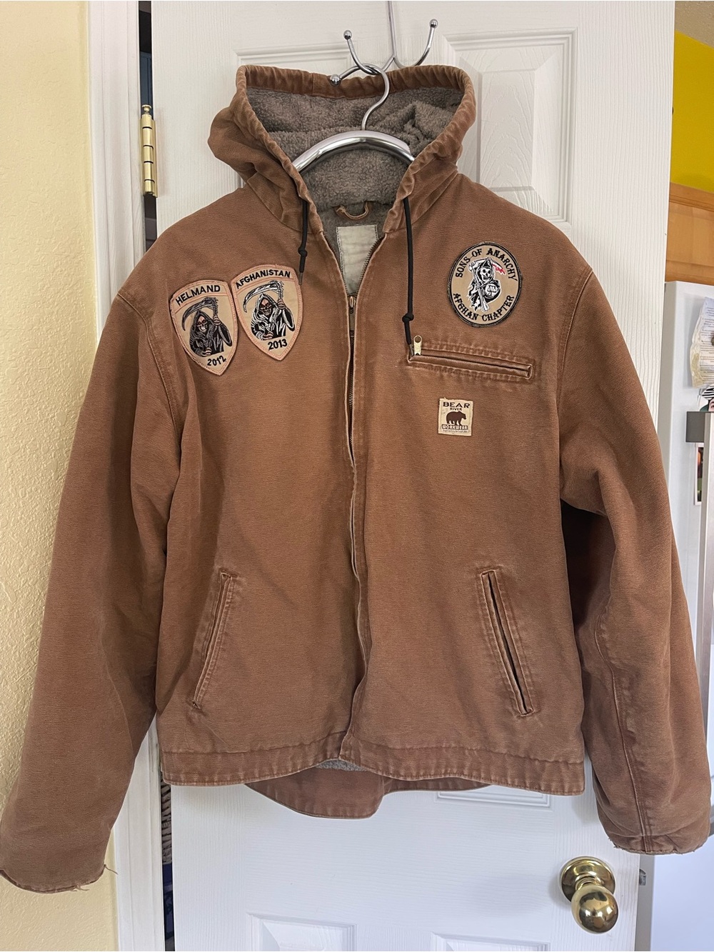 Sons of Anarchy Men's Brown Hooded Work Jacket with Military Patch Accents